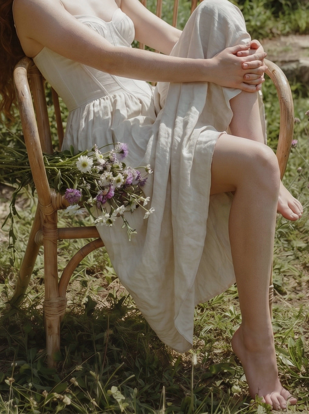 A woman in a white dress sitting barefoot on a wooden chair in grass, wildflowers on her lap.